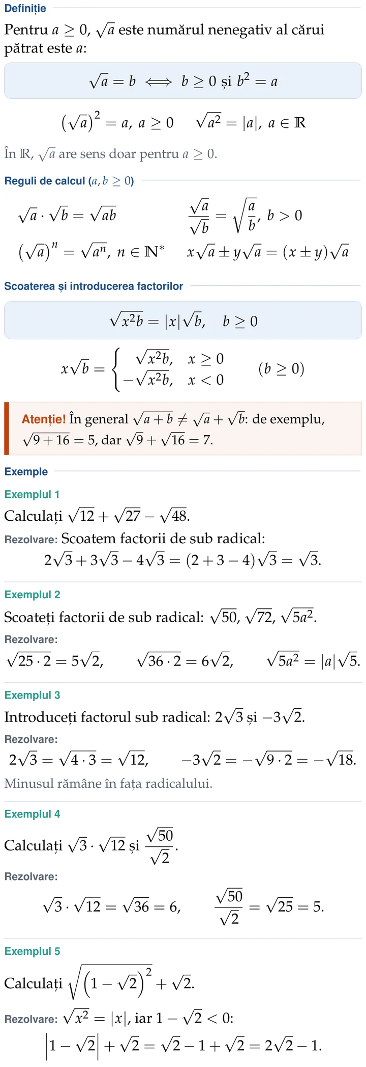 Fișa „Radicalul de ordinul 2”: definiția radicalului, reguli de calcul, scoaterea și introducerea factorilor de sub radical, o atenționare și cinci exemple rezolvate.